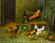 Chicken Outside a Farmhouse, 20th century oil on canvas signed Winston 39.5cm x 49.