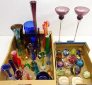 Art glass vases, pair tall stem amethyst glass candle holders and various paperweights,