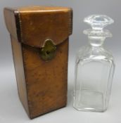 19th century leather travelling case with brass fittings and matched cut glass decanter,