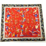 Chinese silk panel, the centre embroidered with trees,