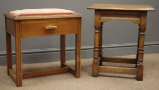 Early 20th century oak stool, upholstered seat with a single drawer on reeded supports,