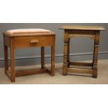 Early 20th century oak stool, upholstered seat with a single drawer on reeded supports,