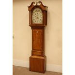 Early 19th century oak and mahogany banded longcase clock, swan neck pediment with finial,