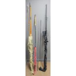 Milbro Marine 12' two piece sea rod, Banzai 12' two piece carp rod, Taktix 9'6" trout rod,