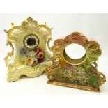 Late Victorian floral decorated ceramic mantle clock, the dial inscribed Glen Clock, H:43cm,