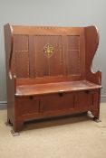 Mahogany inlaid two seat church pew with with hinged lid enclosing storage, stile supports, W106cm,