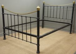 Victorian style 4" 6' cast iron black and brass finish double bedstead, W139cm,
