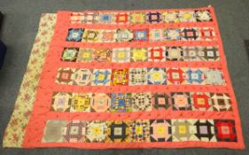 1960's American chintz patterned handmade patchwork quilt with pelmet, pink borers and black ties,