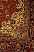 Persian Sarough red ground rug carpet, light blue medallion repeated in border guards,