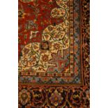 Persian Sarough red ground rug carpet, light blue medallion repeated in border guards,