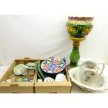 Majolica glazed jardiniere on stand, Edwardian floral decorated toilet jug and bowl,