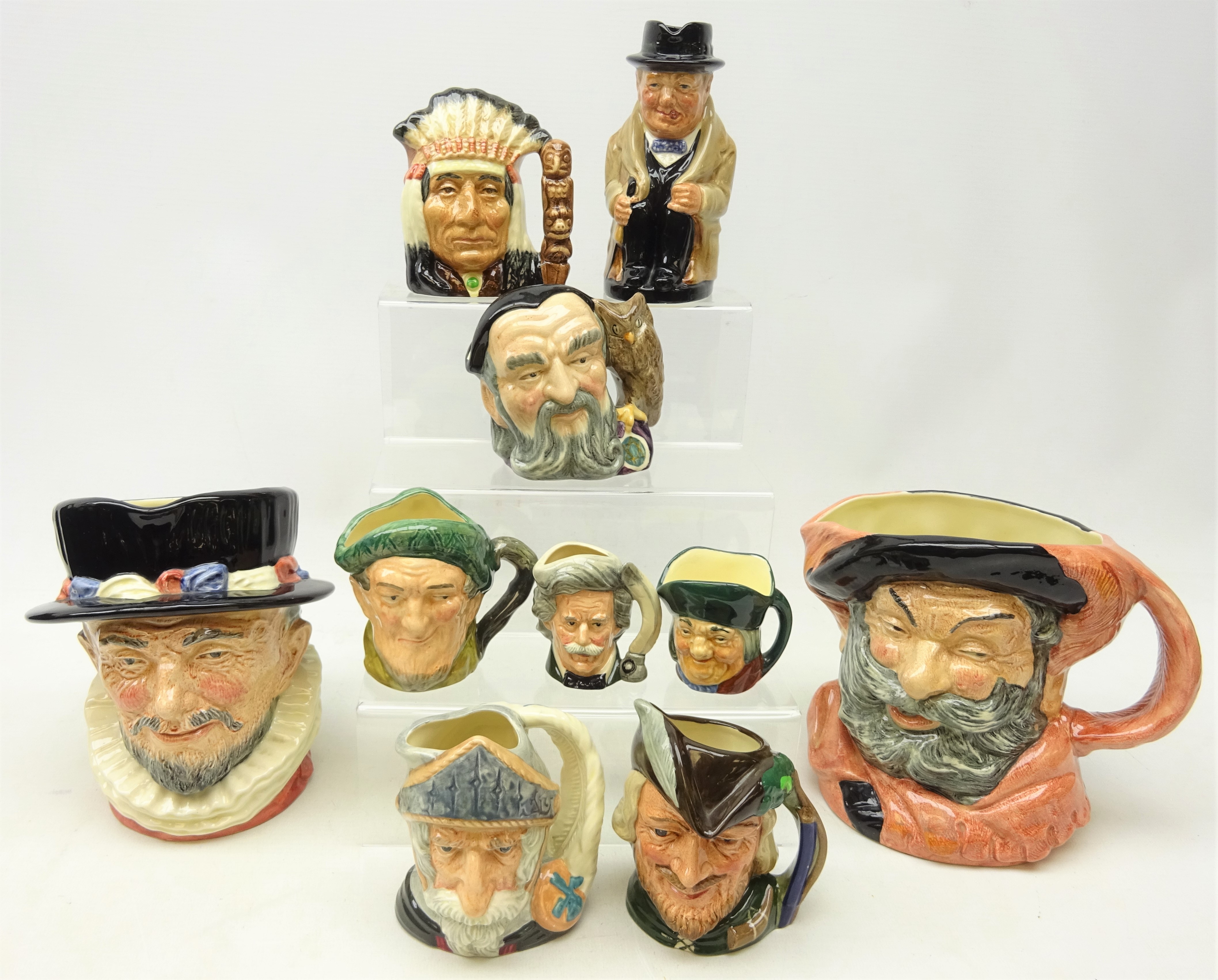 Nine Royal Doulton Character Jugs, a Royal Doulton Toby Jug of Winston Churchill, various sizes,