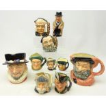 Nine Royal Doulton Character Jugs, a Royal Doulton Toby Jug of Winston Churchill, various sizes,