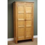 Narrow panelled oak double wardrobe, projecting cornice, enclosed hanging rail, W89cm, H183cm,