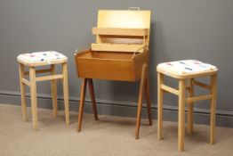 Retro pair beech stools with upholstered seats (W32cm, H53cm, D32cm), vintage beech sewing box,