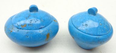 Two carved turquoise pots & covers with gold coloured mineral inclusions, H4.
