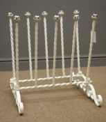 White finish wrought iron boot rack, rope twist and scrolled metal work, W54cm, H56cm,