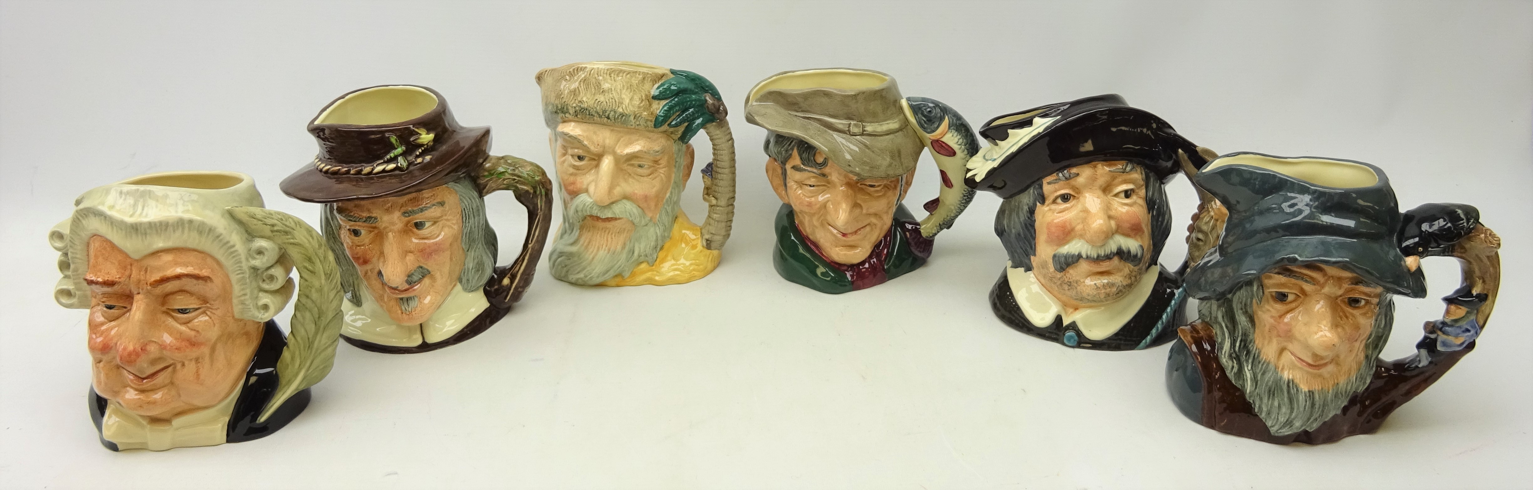 Six Royal Doulton large character jugs including; 'The Lawyer', 'Compleat-Angler',