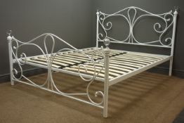 Victorian style 5" white finish king size bedstead with scrolled metal work, glass finials,