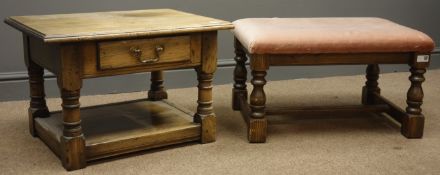 20th century small rectangular oak lamp table, single drawer, turned supports joined by undertier,