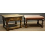 20th century small rectangular oak lamp table, single drawer, turned supports joined by undertier,