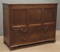 18th century elm mule chest, hinged plank lid, panelled front, two short and one long drawer,