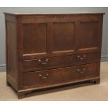 18th century elm mule chest, hinged plank lid, panelled front, two short and one long drawer,