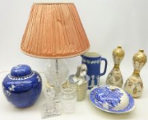 Stuart crystal table lamp with hobnail cut body, pair Japanese Satsuma double gourd vases,