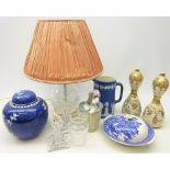 Stuart crystal table lamp with hobnail cut body, pair Japanese Satsuma double gourd vases,