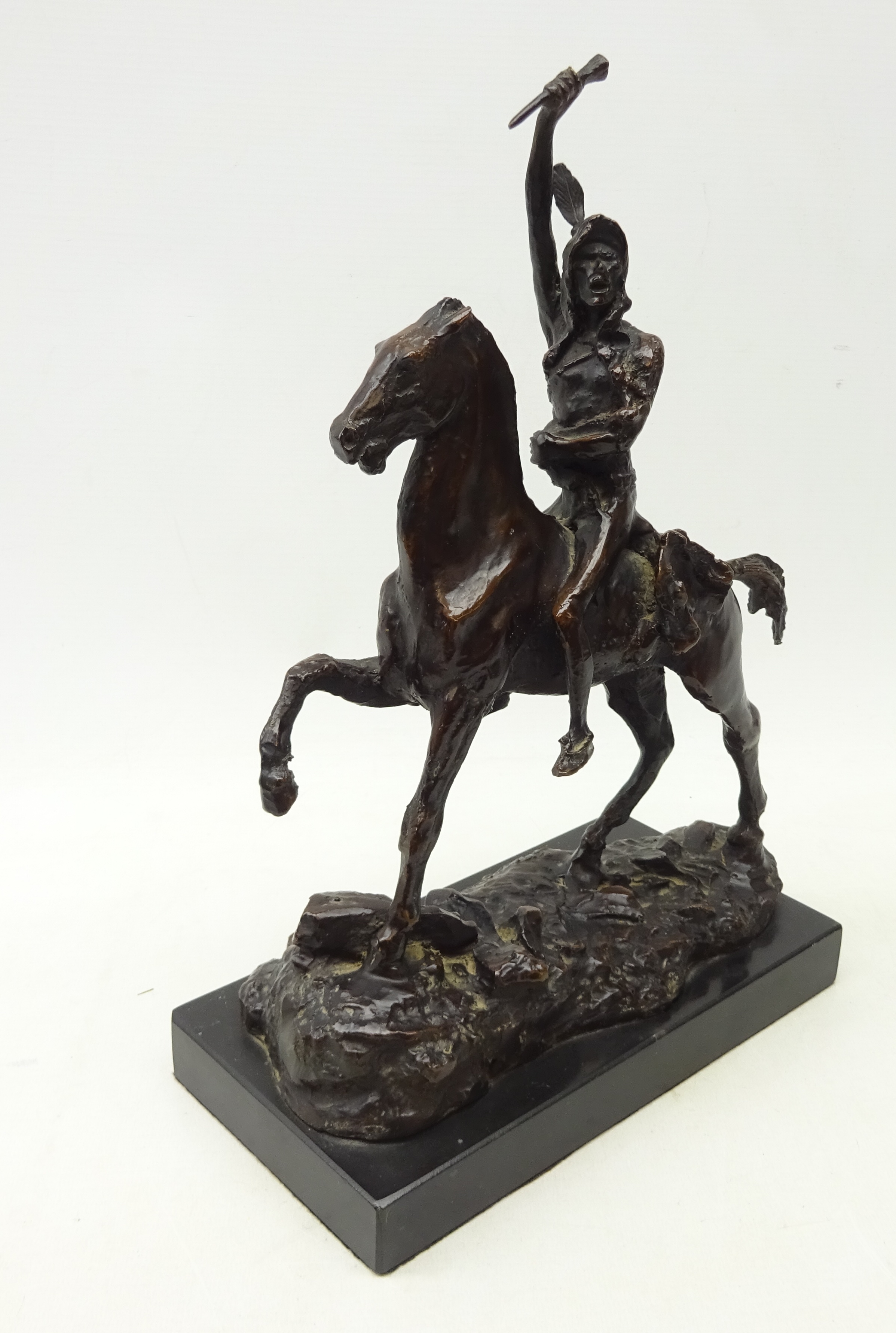 Patinated bronze study of a Native American Indian on horseback after Frederic Remington on - Image 2 of 3