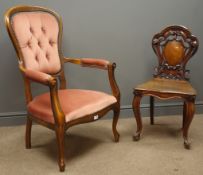 Victorian style armchair, upholstered back, seat and arm rests, shaped front rail,