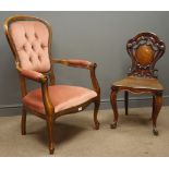 Victorian style armchair, upholstered back, seat and arm rests, shaped front rail,