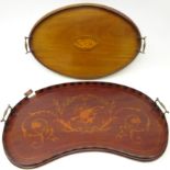 Edwardian mahogany kidney shaped gallery tray with marquetry scrolls and musical trophies,