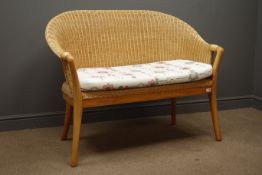 Two seat wicker conservatory settee (W120cm) and pair armchairs (W70cm),