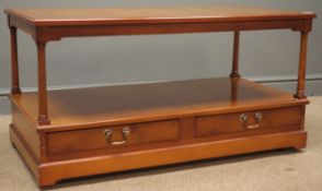 Reproduction yew wood two tier coffee table, four turned columns above two drawers (W100cm, H52cm,