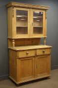 Late 19th century pine kitchen dresser, projecting cornice,