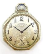Elgin Art Deco 14kt white gold cased pocket watch 1924 all-over engraved decoration with deer scene