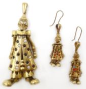 Heavy 9ct gold stone set clown pendant and pair matching ear-rings hallmarked 98gm gross