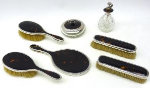 Silver five piece silver and tortoiseshell dressing table set by Charles Henry Dumeni London 1920,