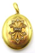 Early 20th century 9ct (tested) gold pearl and diamond set locket 16gm gross Condition