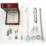 Collection of silver jewellery, including diamond pendant necklace, pair moonstone hinged ear-rings,