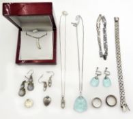 Collection of silver jewellery, including diamond pendant necklace, pair moonstone hinged ear-rings,