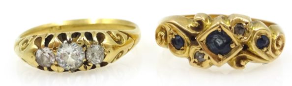 18ct gold three stone diamond ring and an 18ct gold ring set with sapphires Birmingham 1908
