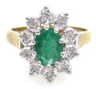 9ct gold oval emerald and diamond cluster ring hallmarked Condition Report size