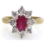 Ruby and diamond gold cluster ring hallmarked 9ct Condition Report Size M-N,