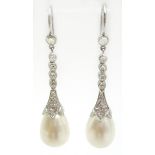 Pair of pearl and diamond 18ct white gold (tested) pendant ear-rings diamonds approx 0.