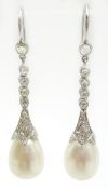 Pair of pearl and diamond 18ct white gold (tested) pendant ear-rings diamonds approx 0.