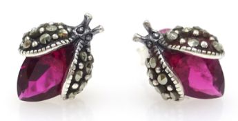 Pair of silver marcasite and stone set ladybird ear-rings stamped 925 Condition Report