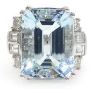 18ct white gold emerald cut aquamarine and diamond ring stamped 750, aquamarine approx 7 carat,