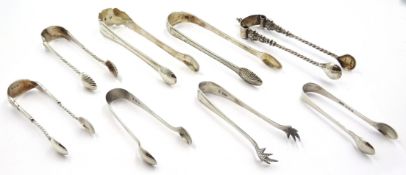 Eight pairs of silver sugar nips by Josiah Williams & Co, Hilliard & Thomason etc,